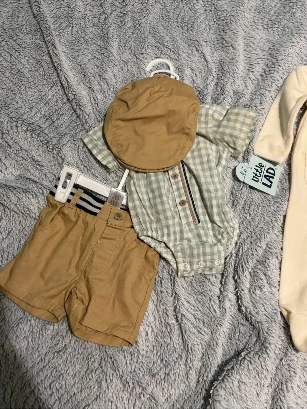 Little Lad Green Gingham Button Baby Romper with Tan Shorts & Cap 0-3 M